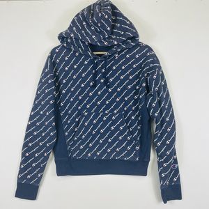 Champion Womens Small Hoodie Navy Blue Reverse Weave All‎ Over Logo Collegiate